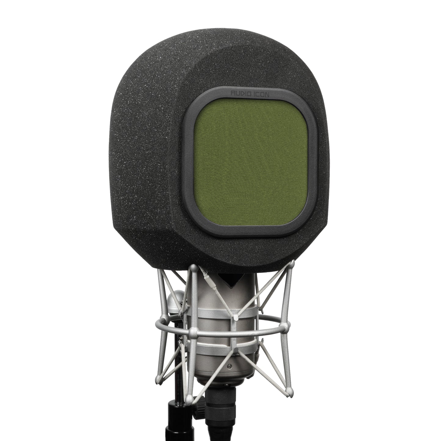 SoundBox G90 Large Diameter Microphone Iso Booth 45 degree angle with Green windscreen on white back