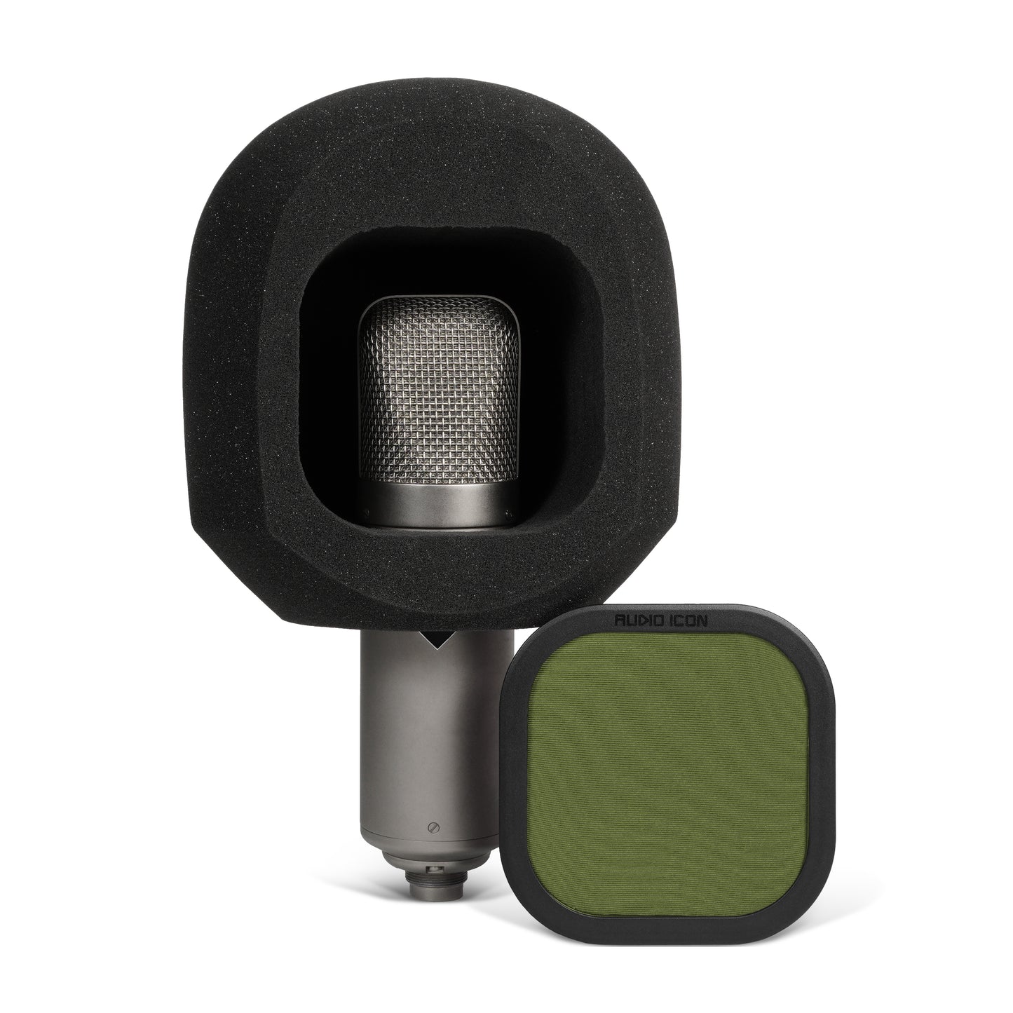 SoundBox G90 sitting on large diameter U47 microphone with Green pop filter removed and to the side  
