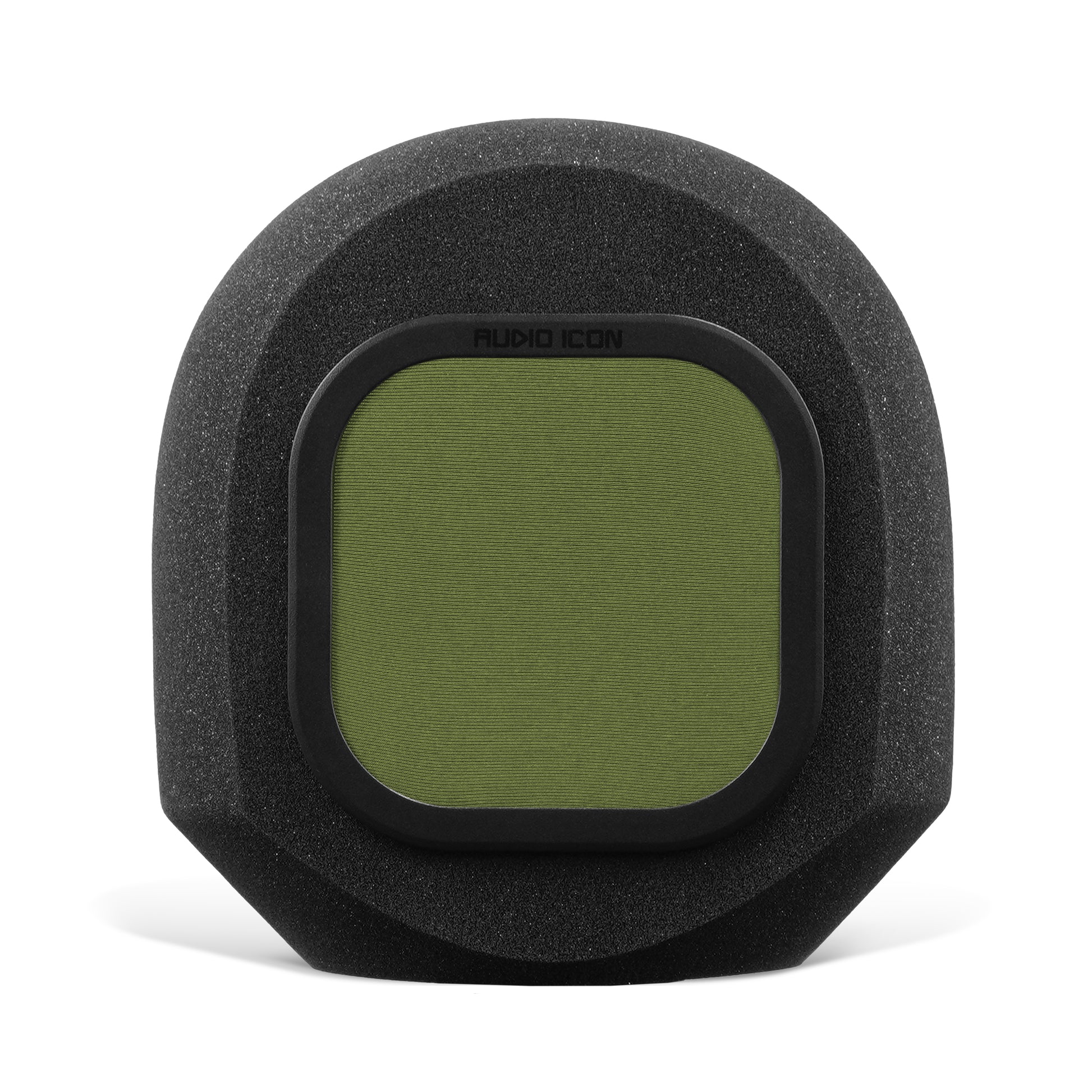 SoundBox G90 high density open cell foam sitting on white table and background with Green pop filter inserted