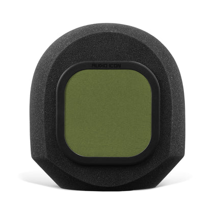 SoundBox G90 high density open cell foam sitting on white table and background with Green pop filter inserted