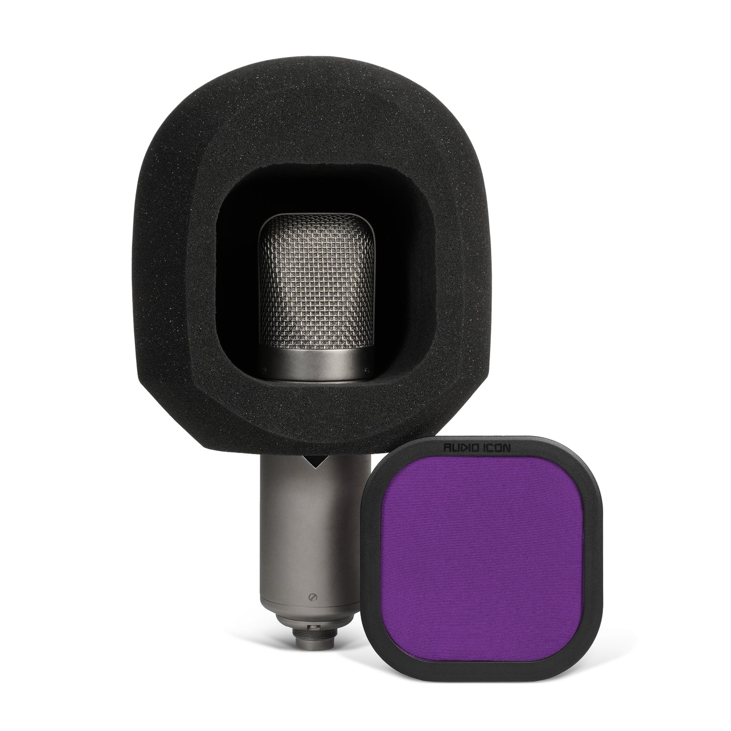 SoundBox G90 sitting on large diameter U47 microphone with Purple pop filter removed and to the side  