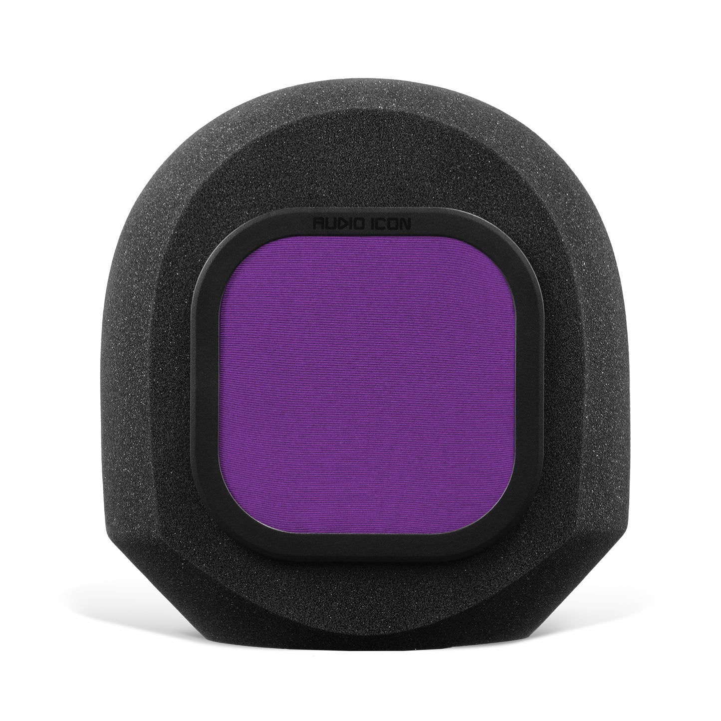 SoundBox G90 high density open cell foam sitting on white table and background with Purple pop filter inserted