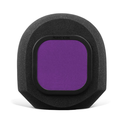 SoundBox G90 high density open cell foam sitting on white table and background with Purple pop filter inserted