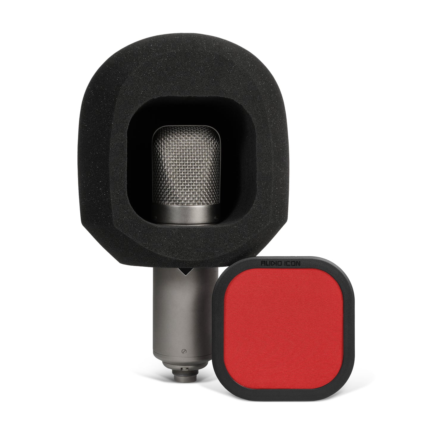 SoundBox G90 sitting on large diameter U47 microphone with Red pop filter removed and to the side  