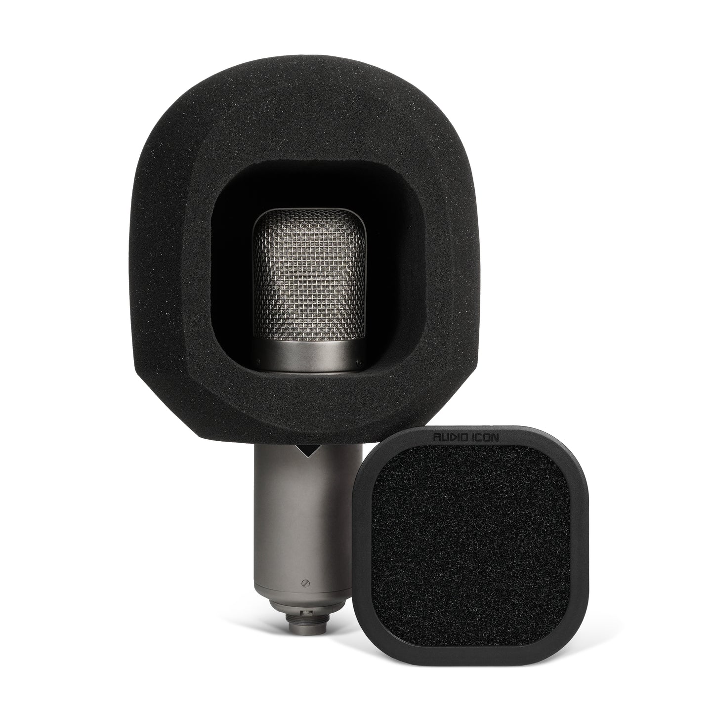 SoundBox G90 sitting on large diameter U47 microphone with Foam pop filter removed and to the side  