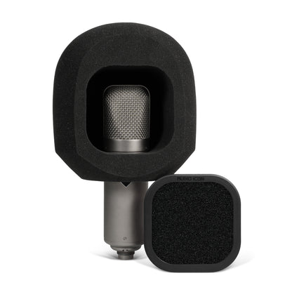 SoundBox G90 sitting on large diameter U47 microphone with Foam pop filter removed and to the side  
