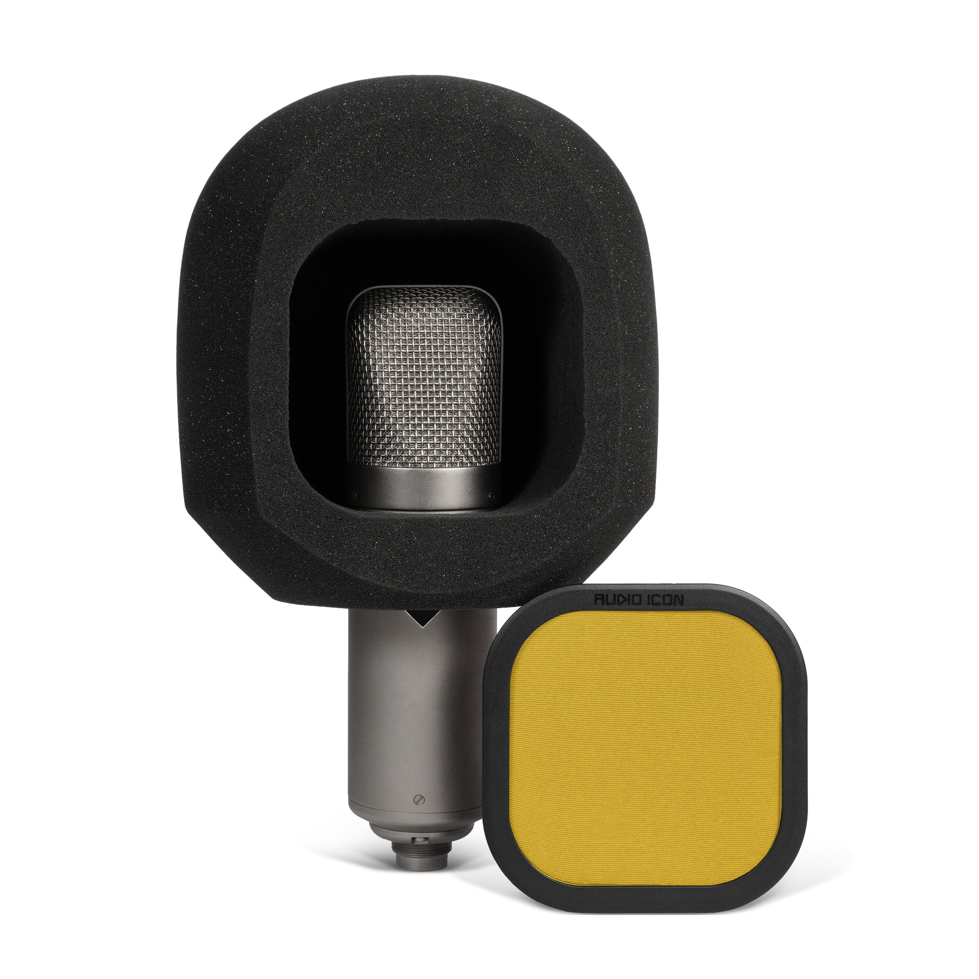 SoundBox G90 sitting on large diameter U47 microphone with Yellow pop filter removed and to the side  