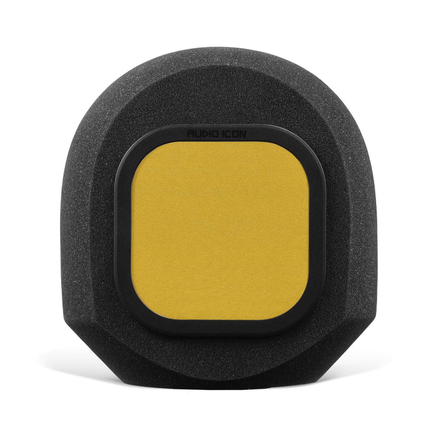 SoundBox G90 high density open cell foam sitting on white table and background with Yellow pop filter inserted