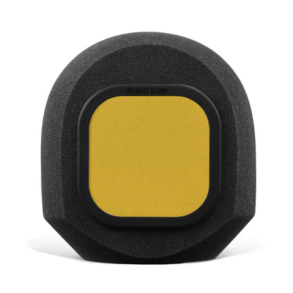 SoundBox G90 high density open cell foam sitting on white table and background with Yellow pop filter inserted