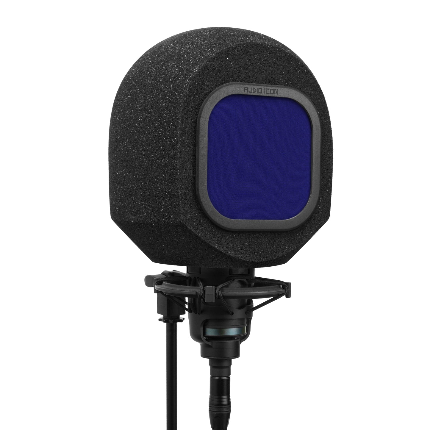 Black portable isolation booth, SoundBox, with blue mesh pop filter on a white background.