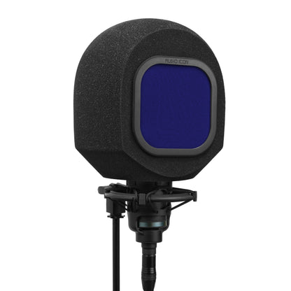 Black portable isolation booth, SoundBox, with blue mesh pop filter on a white background.