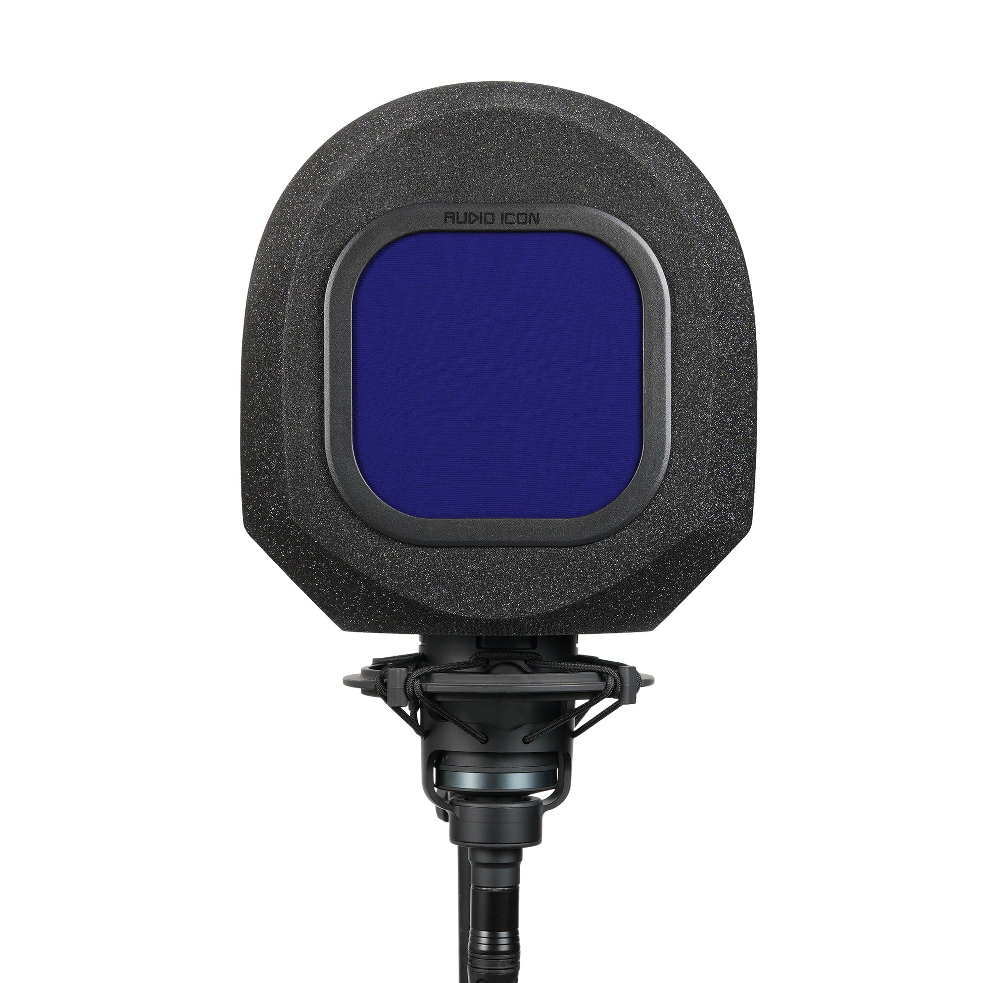 Studio microphone with SoundBox isolation booth over it with blue pop filter on a white background
