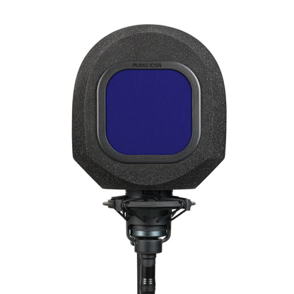 Studio microphone with SoundBox isolation booth over it with blue pop filter on a white background