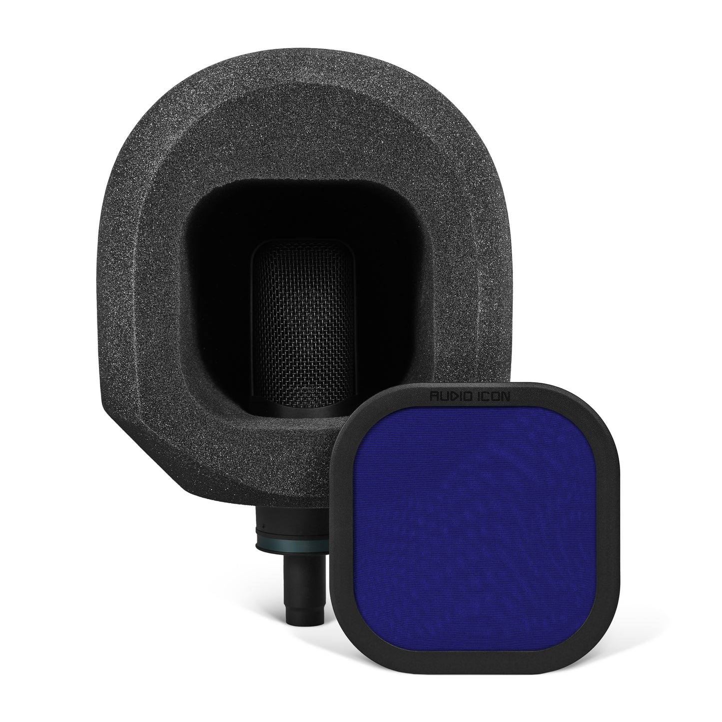 Black microphone with isolation foam windscreen and blue filter on a white background