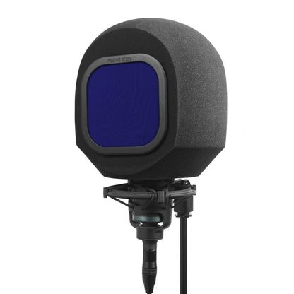 Studio microphone with iso booth and blue windscreen filter on a white background facing left