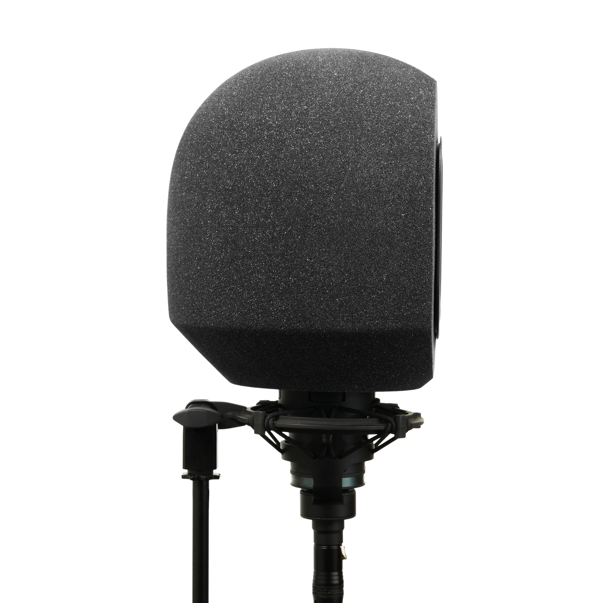 Side profile view of Audio Icon SoundBox Isolation Booth with blue pop filter