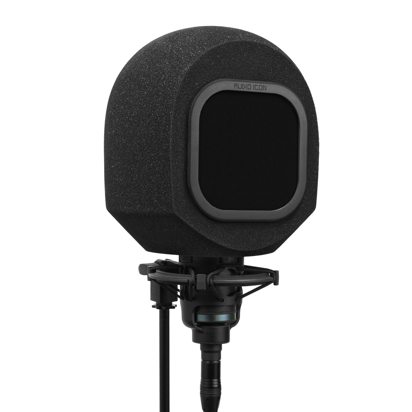 Black portable isolation booth, SoundBox, with black mesh pop filter on a white background