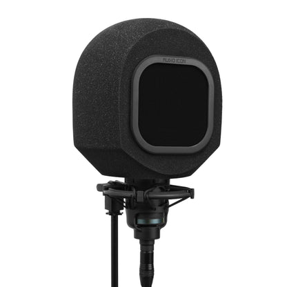 Black portable isolation booth, SoundBox, with black mesh pop filter on a white background