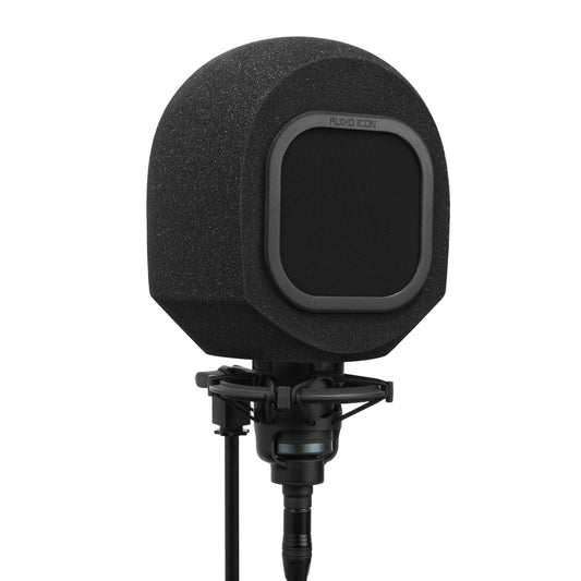 Black portable isolation booth, SoundBox, with black mesh pop filter on a white background
