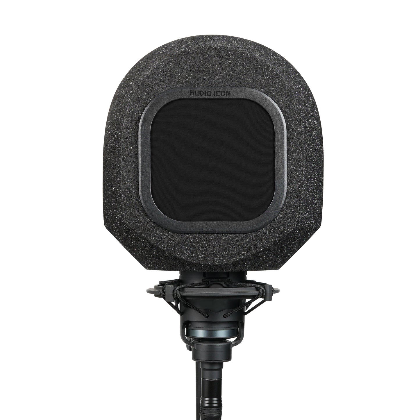 Studio microphone with SoundBox isolation booth over it with black pop filter on a white background