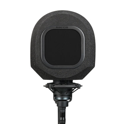 Studio microphone with SoundBox isolation booth over it with black pop filter on a white background