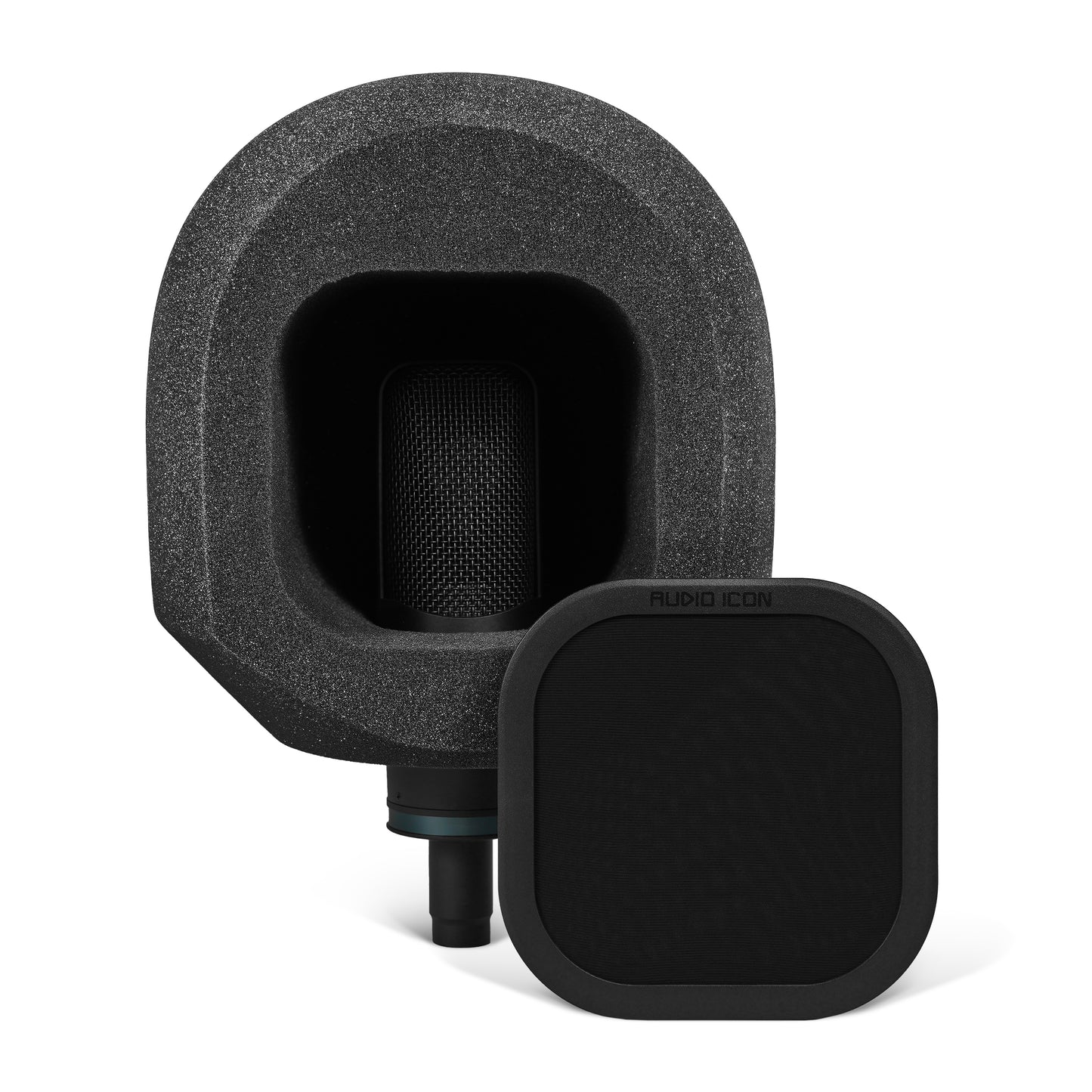 Black microphone with sound isolation booth and black pop filter on a white background