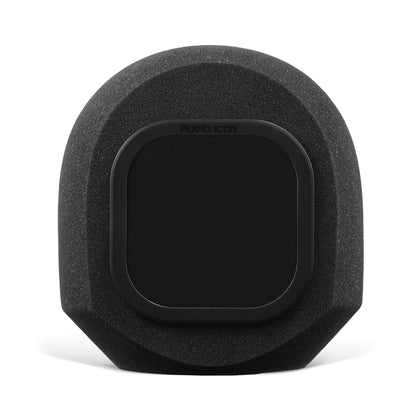 Closeup of black mesh pop filter on SoundBox isolation booth on a white background