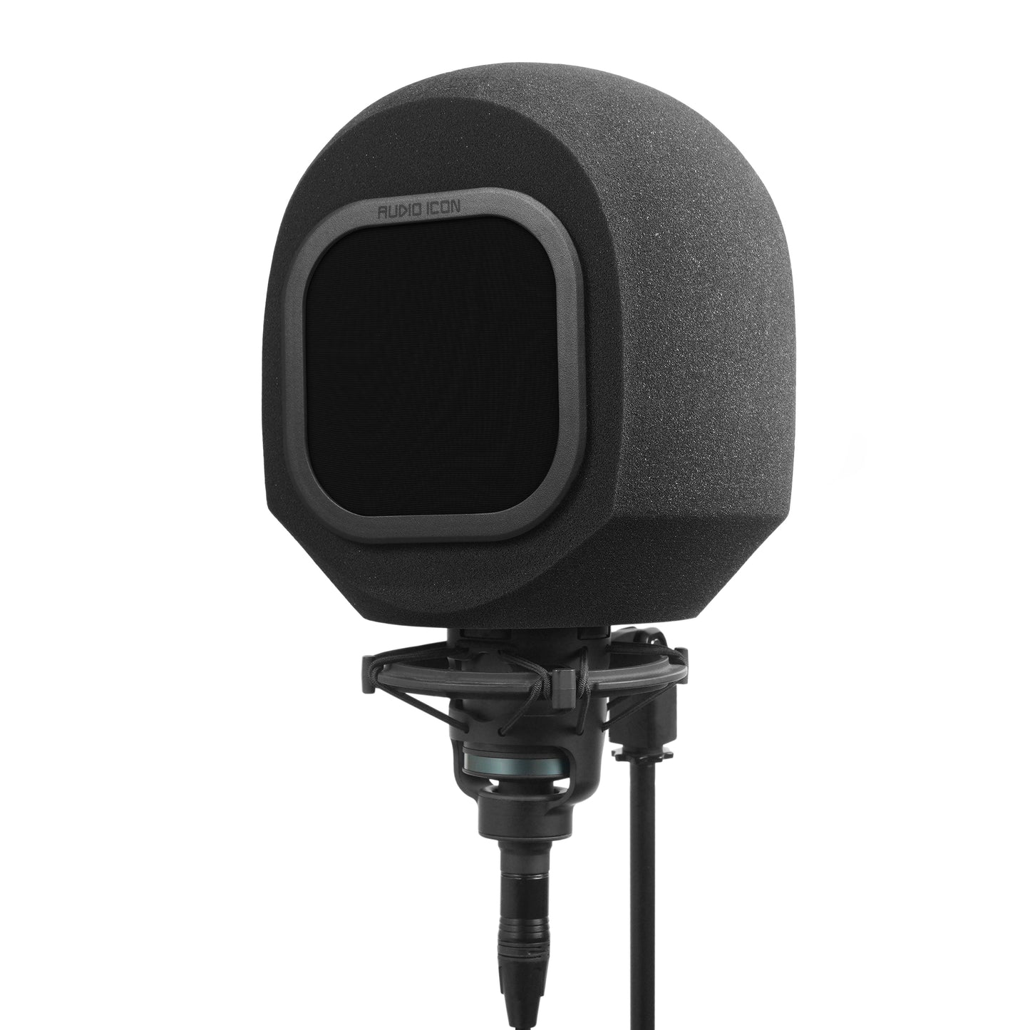 Studio microphone with iso booth and black windscreen filter on a white background facing left