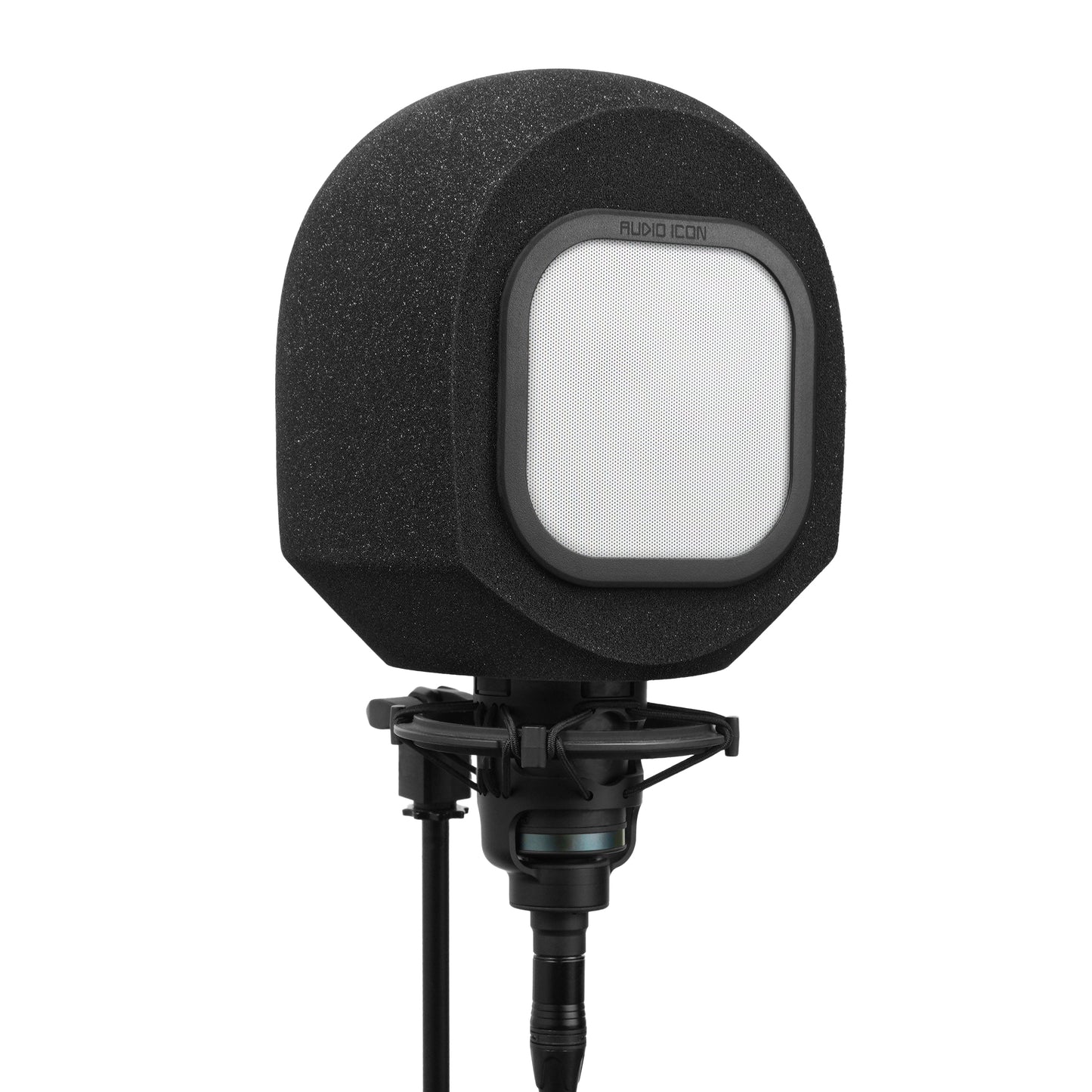 Black portable isolation booth, SoundBox, with metal pop filter on a white background.