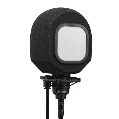 Black portable isolation booth, SoundBox, with metal pop filter on a white background.
