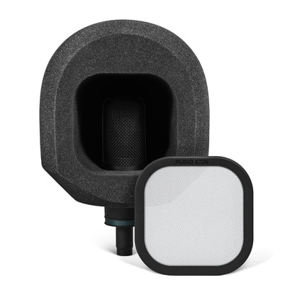 Black portable isolation booth, SoundBox, with metal pop filter on a white background.