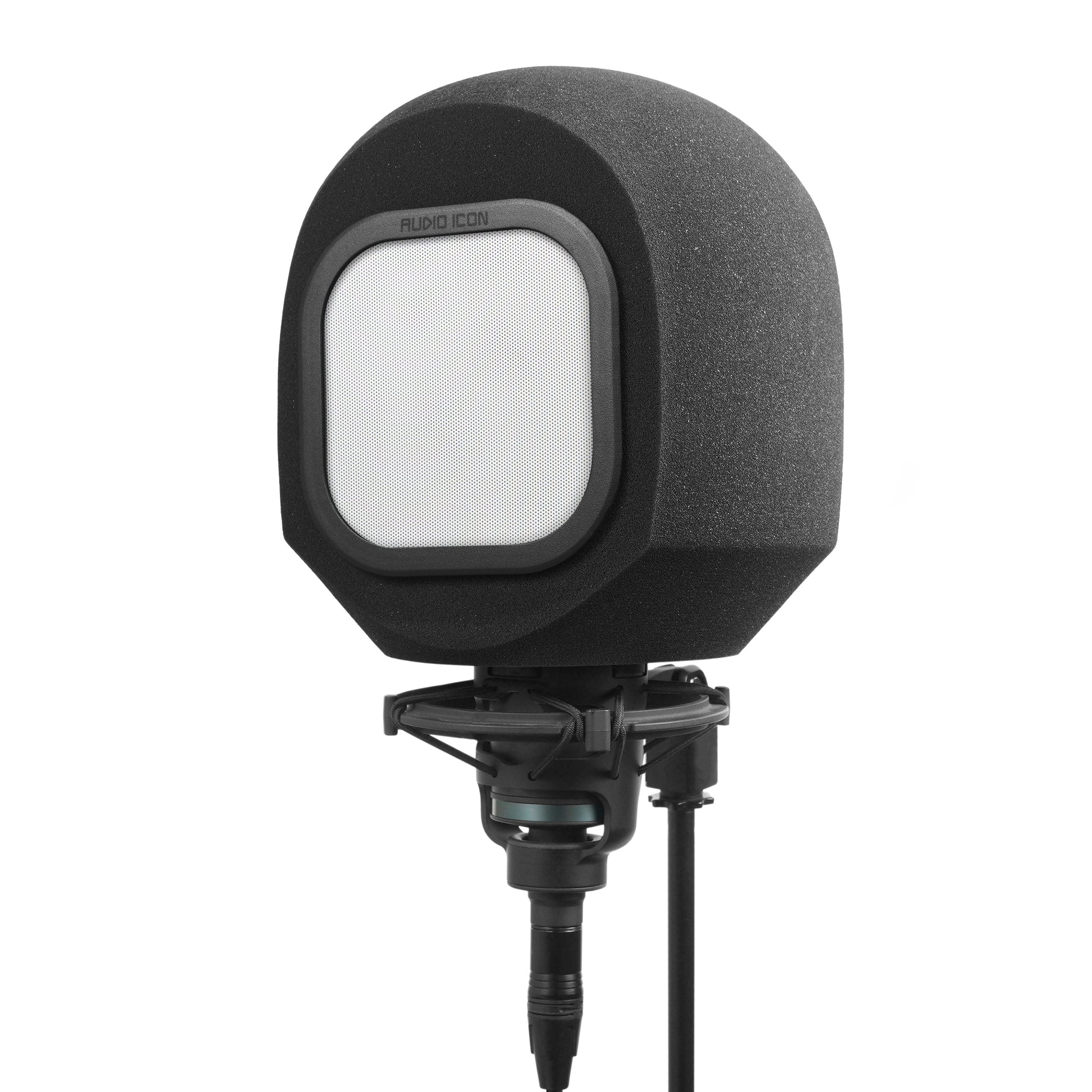 Studio microphone with iso booth and aluminum windscreen filter on a white background facing left