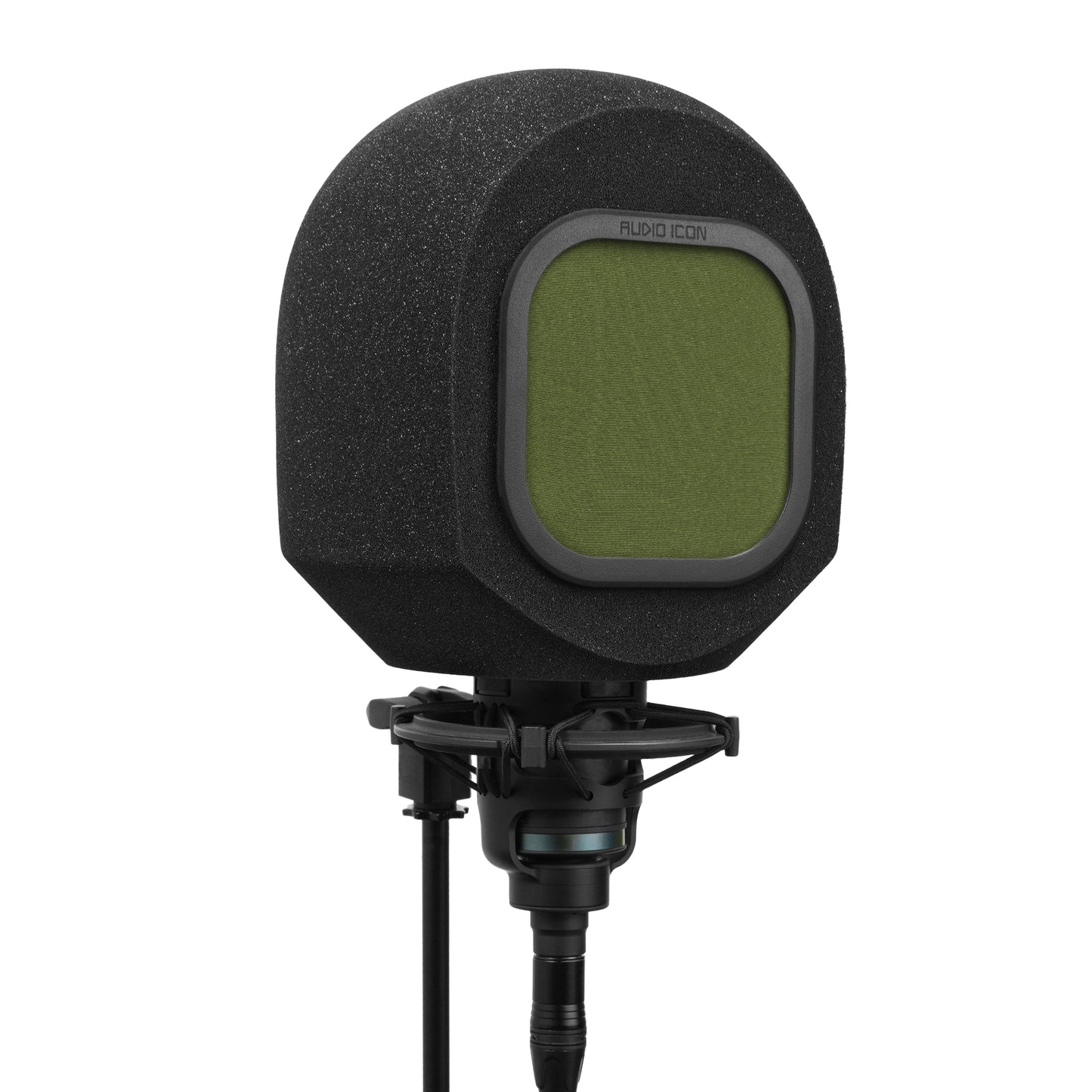 Black portable isolation booth, SoundBox, with green mesh pop filter on a white background.