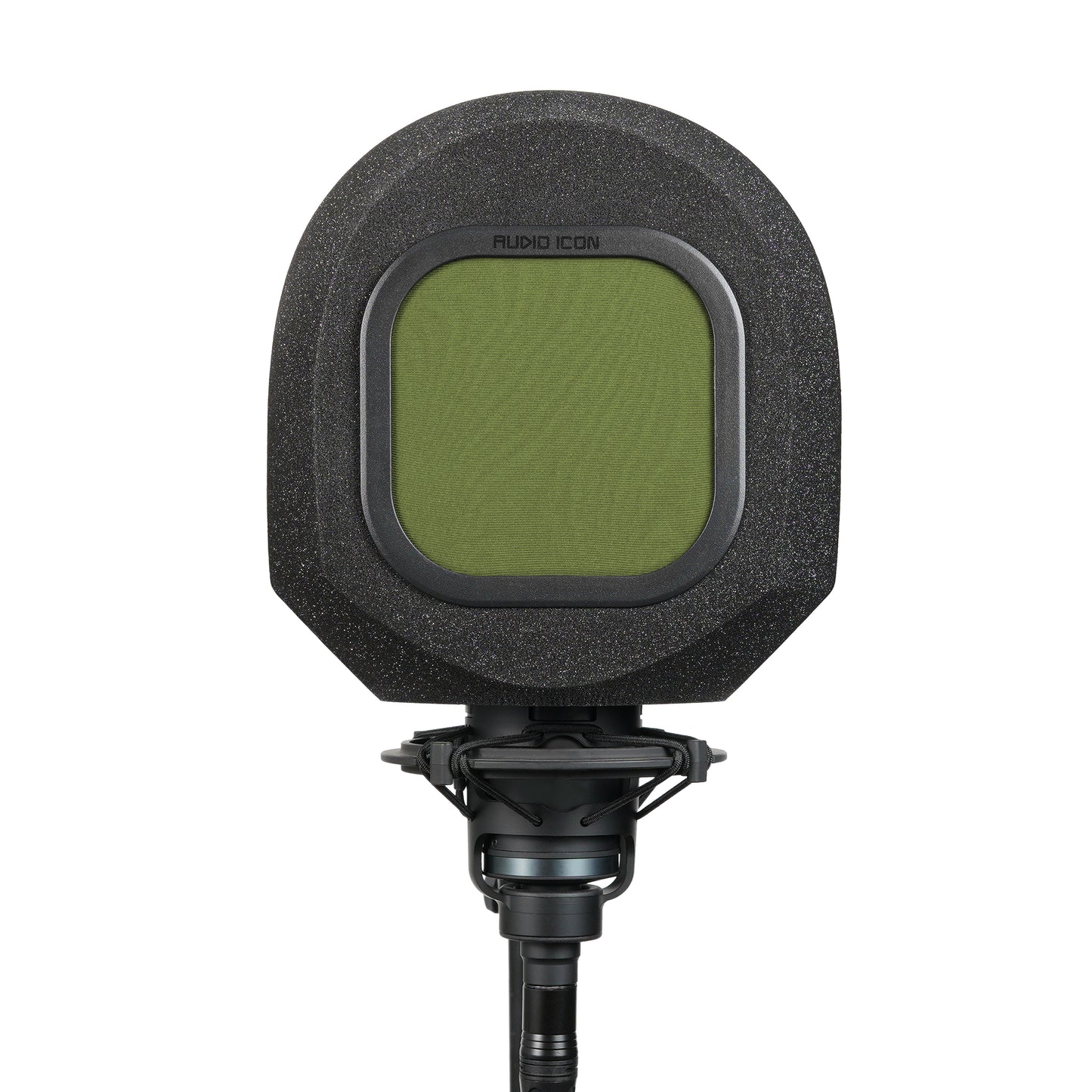 Studio microphone with SoundBox isolation booth over it with green pop filter on a white background