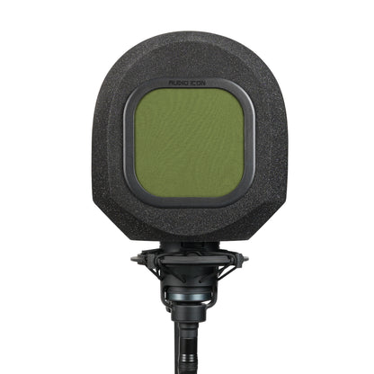 Studio microphone with SoundBox isolation booth over it with green pop filter on a white background