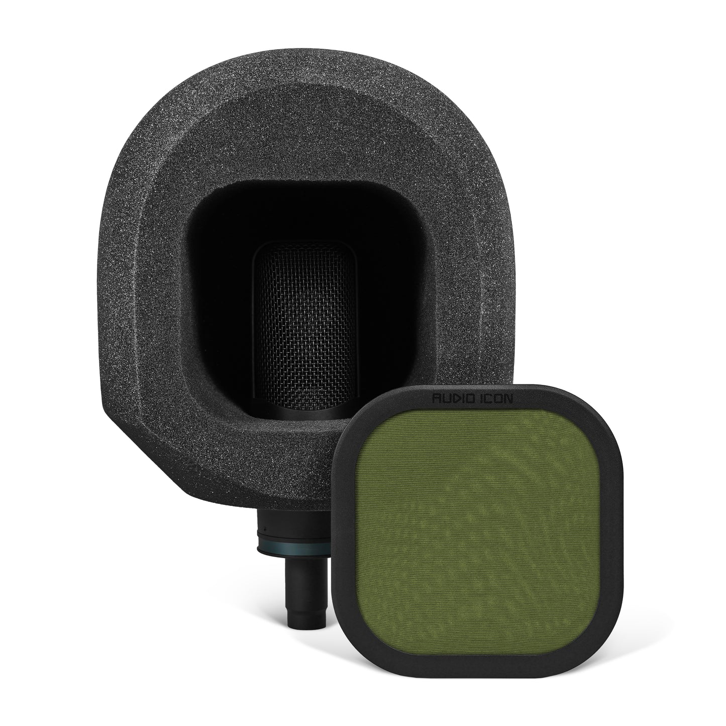 Black microphone with sound isolation booth and green pop filter on a white background