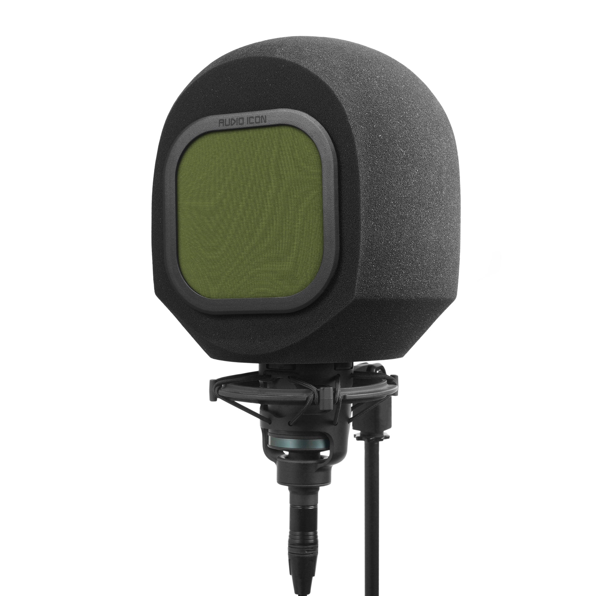 Studio microphone with iso booth and green windscreen filter on a white background facing left