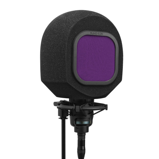 Black portable isolation booth, SoundBox, with purple mesh pop filter on a white background