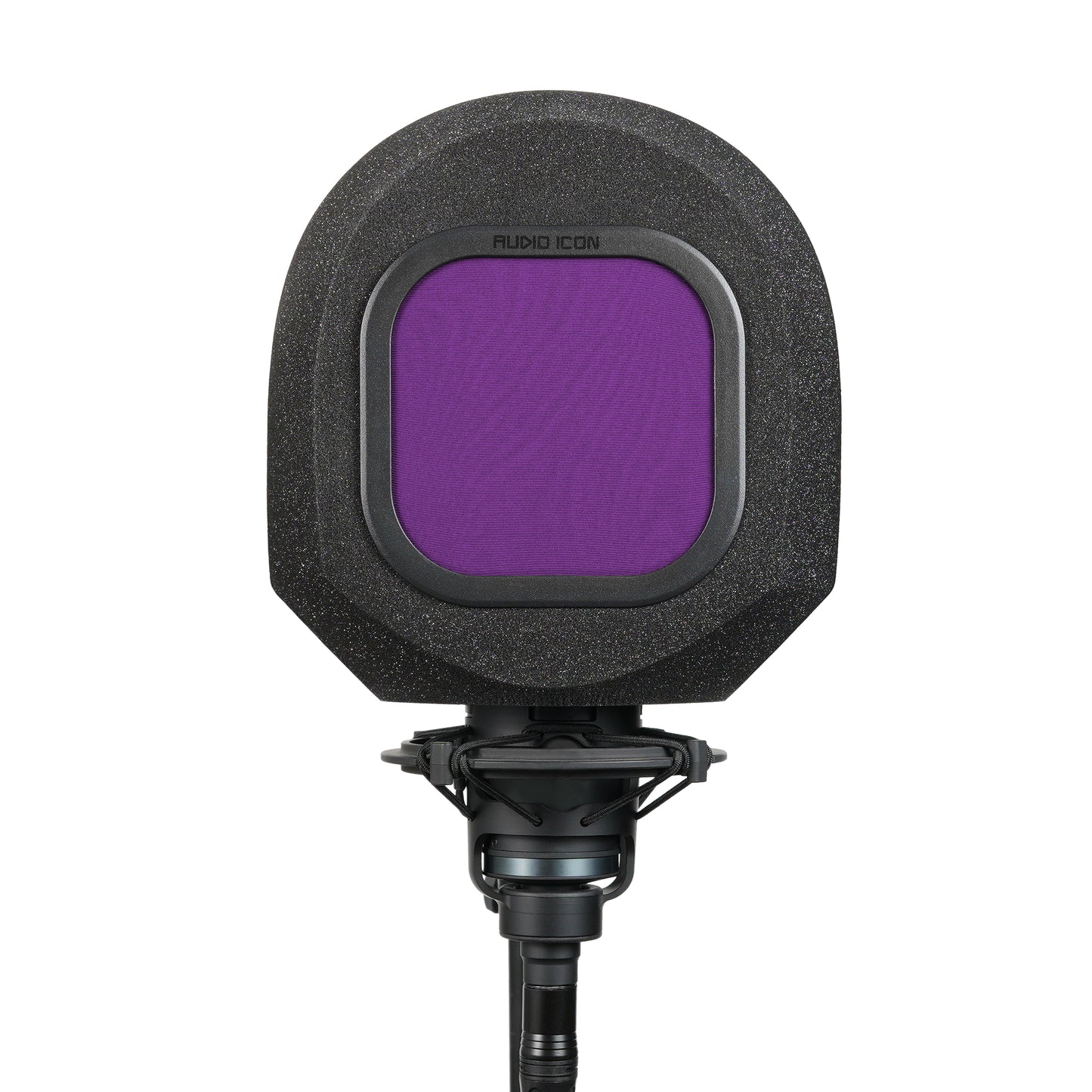 Studio microphone with SoundBox isolation booth over it with purple pop filter on a white background