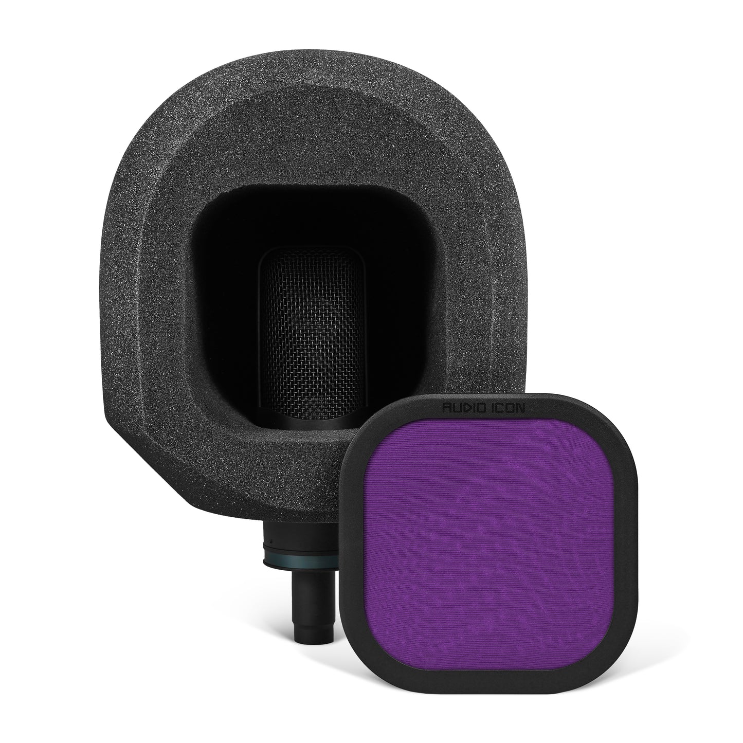 Black microphone with sound isolation booth and purple pop filter on a white background