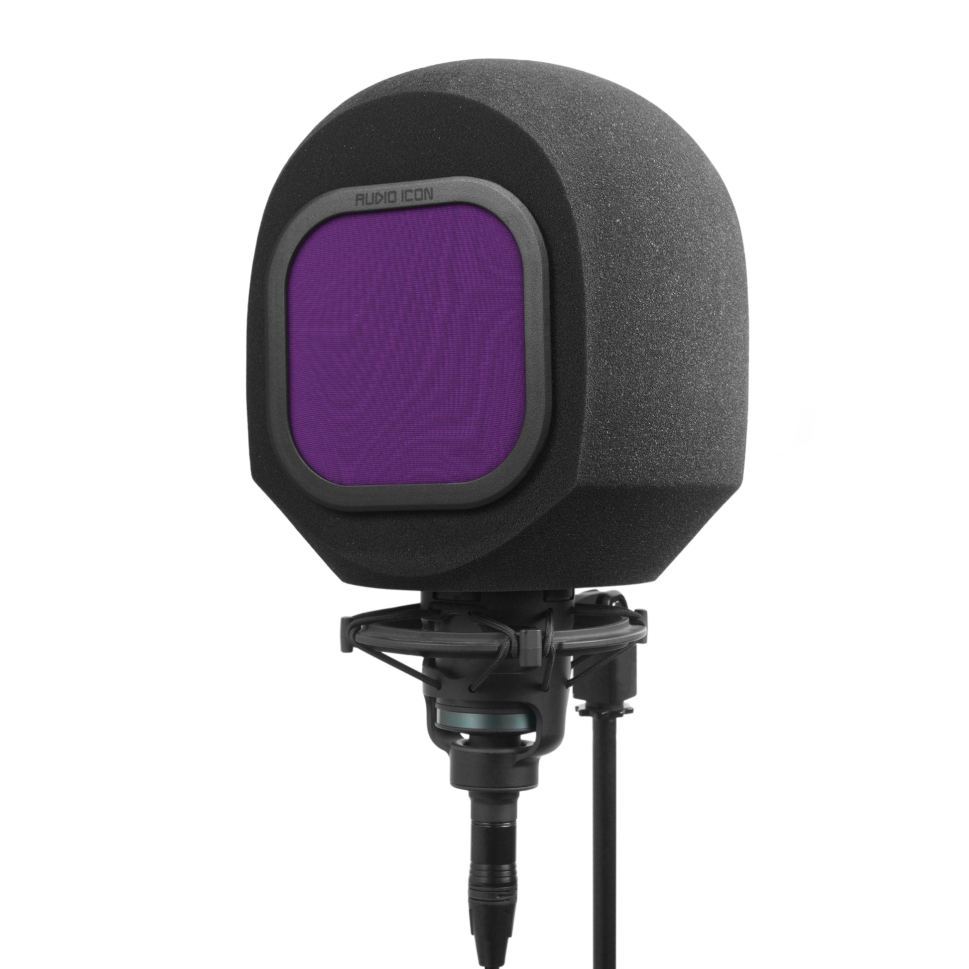  Studio microphone with iso booth and purple windscreen filter on a white background facing left