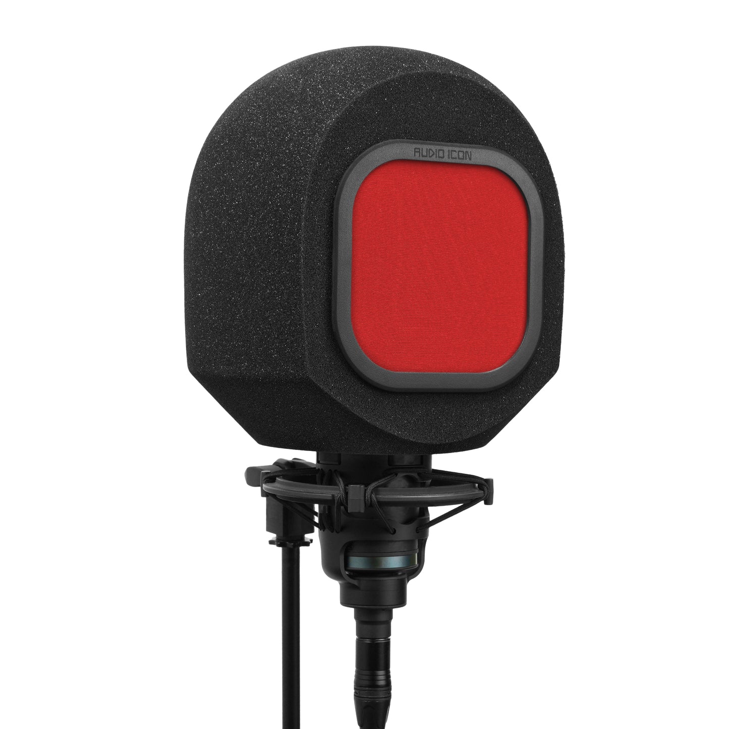 Black portable isolation booth, SoundBox, with red mesh pop filter on a white background.