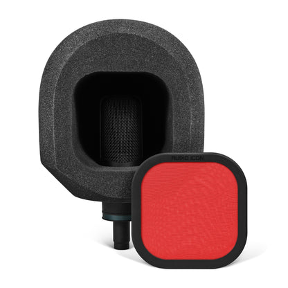 Black microphone with sound isolation booth and red pop filter on a white background