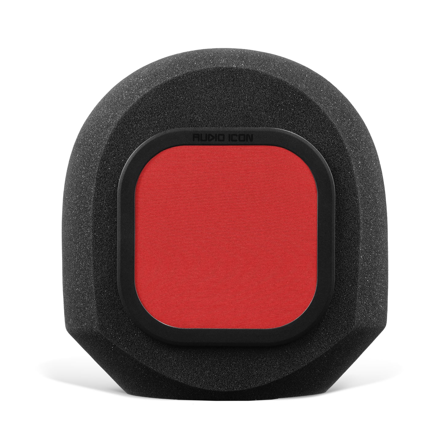 Closeup of red mesh pop filter on SoundBox isolation booth on a white background