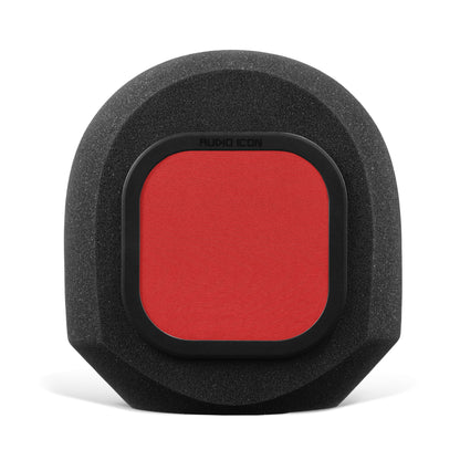 Closeup of red mesh pop filter on SoundBox isolation booth on a white background
