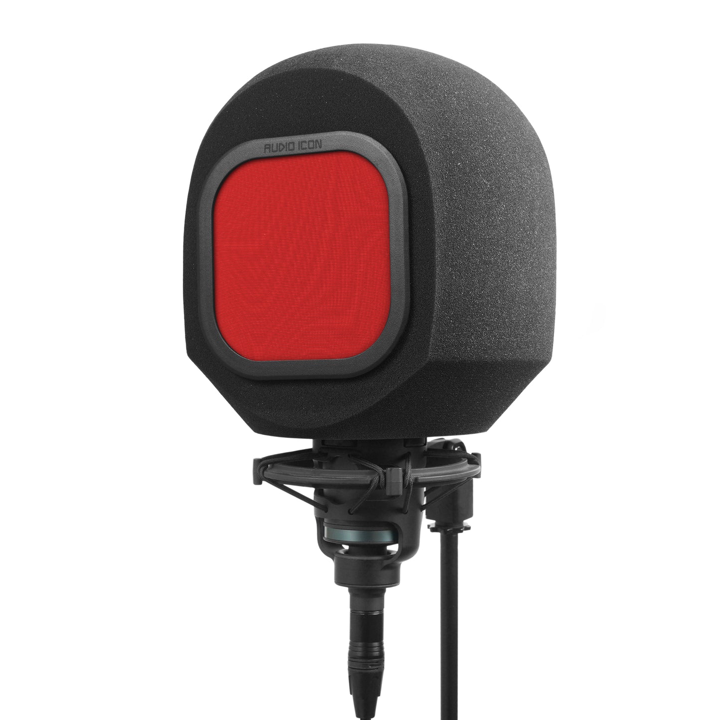 Studio microphone with iso booth and red windscreen filter on a white background facing left