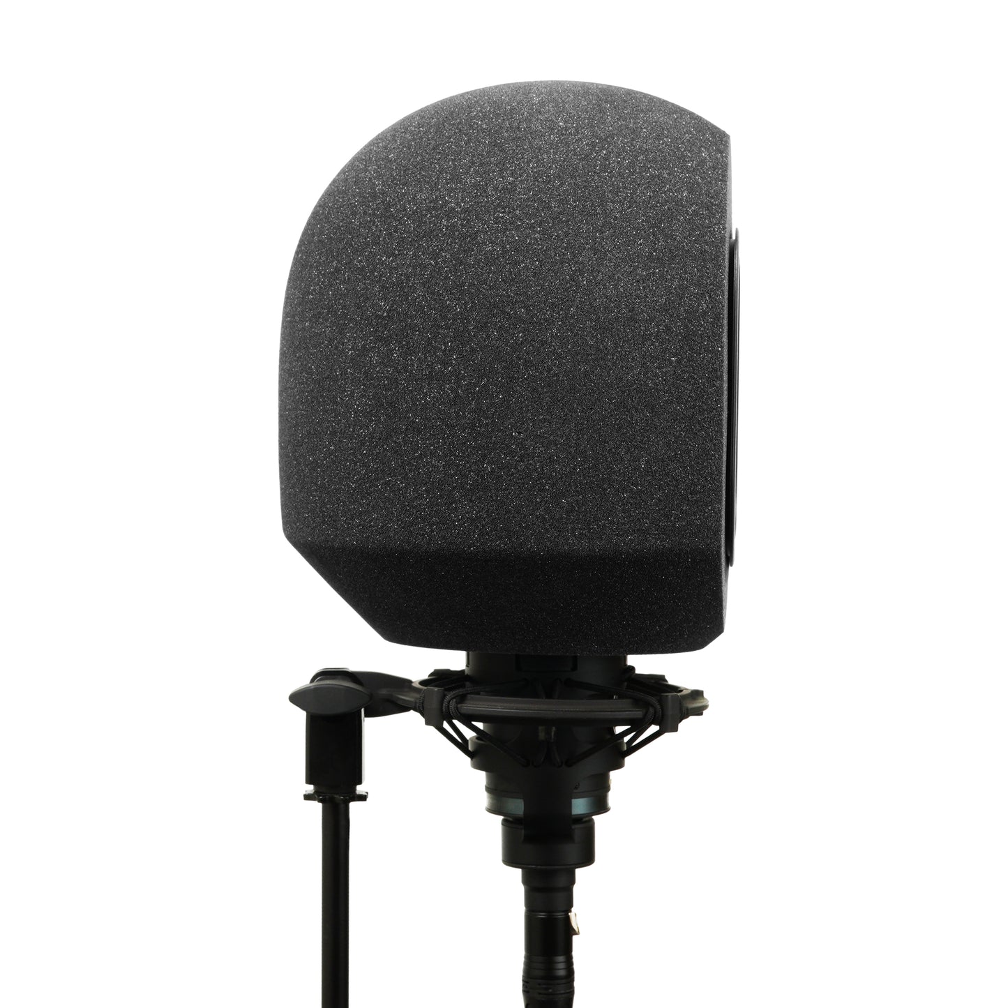 Side profile view of Audio Icon SoundBox Isolation Booth with red pop filter