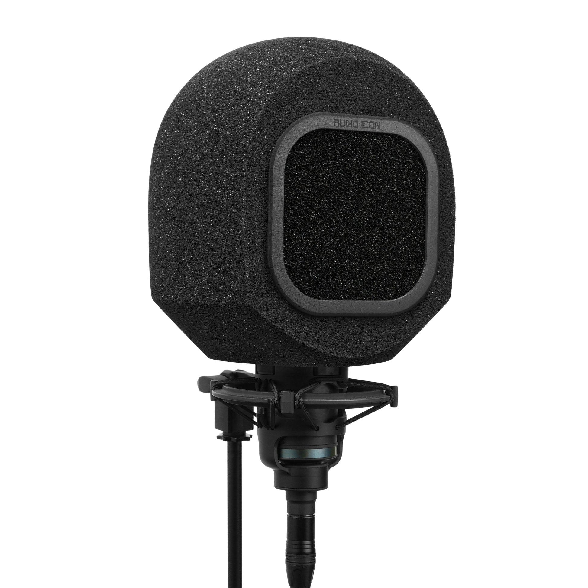 Black portable isolation booth, SoundBox, with hydrophobic foam mesh pop filter on a white background