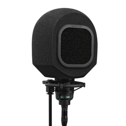 Black portable isolation booth, SoundBox, with hydrophobic foam mesh pop filter on a white background