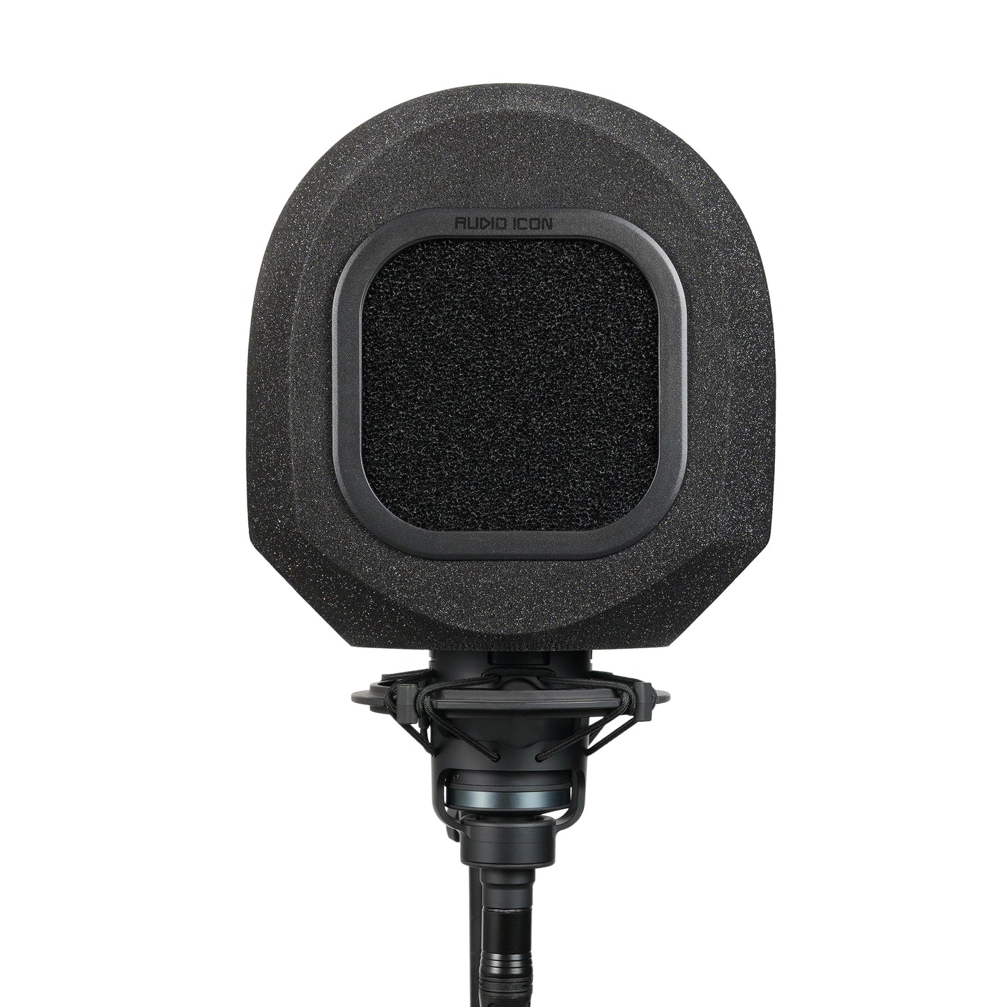 Studio microphone with SoundBox isolation booth over it with acoustic foam pop filter on a white background